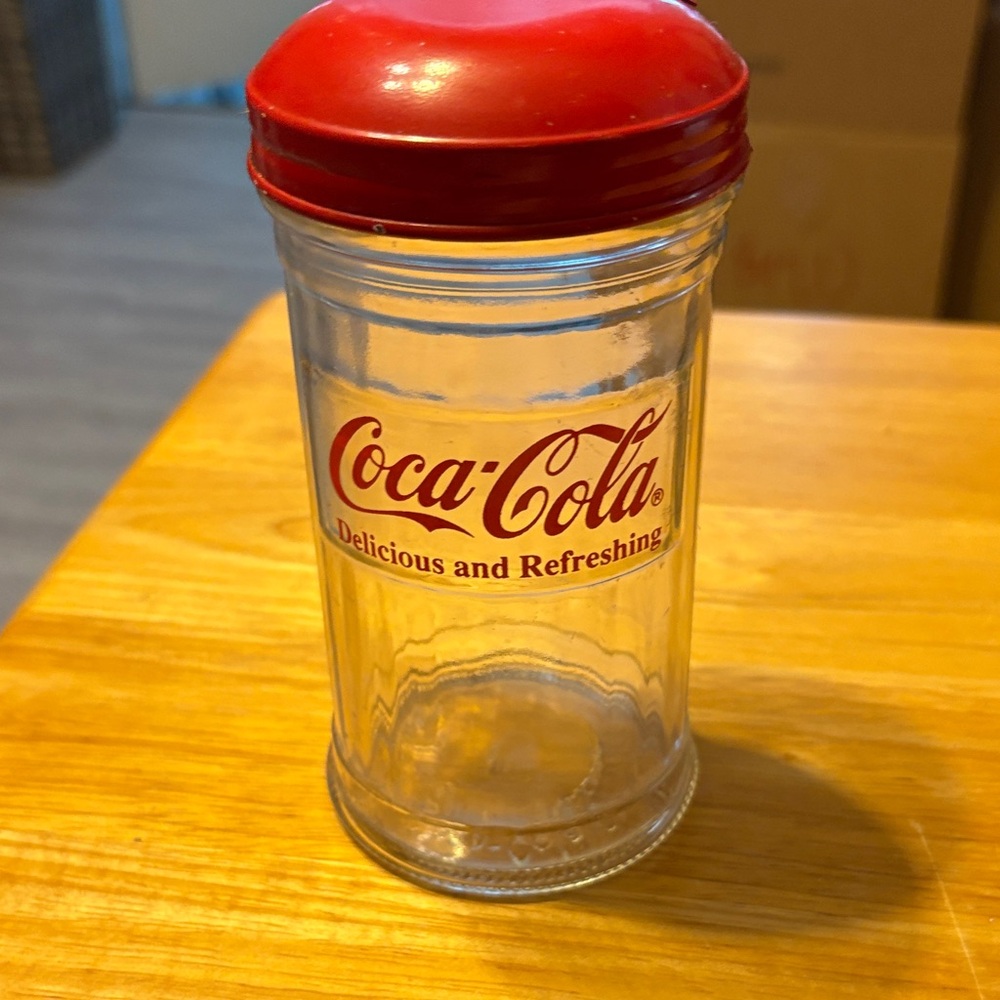 Vintage Coca-Cola Clear  Sugar Glass Jar with Red Logo and Red Lid. 1992